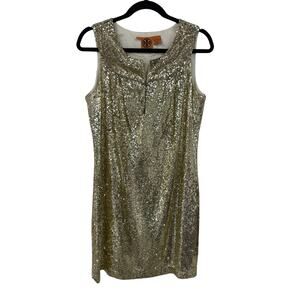 Tory Burch Metallic Gold Sequin Sleeveless Silk Sheath Dress Womens Size 8